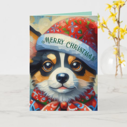 Kerst Corgi Hond Puppy w / Santa Hoed Kaart (Gele Bloem)
