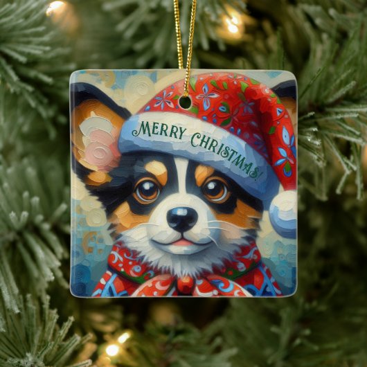 Kerst Corgi Hond Puppy w / Santa Hoed Keramisch Ornament (Boom)