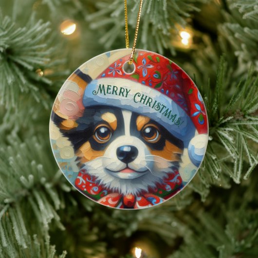 Kerst Corgi Hond Puppy w / Santa Hoed Keramisch Ornament (Boom)