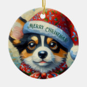 Kerst Corgi Hond Puppy w / Santa Hoed Keramisch Ornament (Voorkant)
