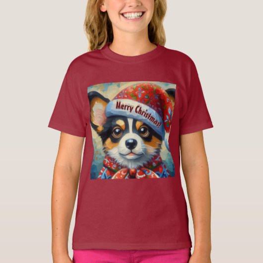 Kerst Corgi Hond Puppy w / Santa Hoed T-shirt (Voorkant)