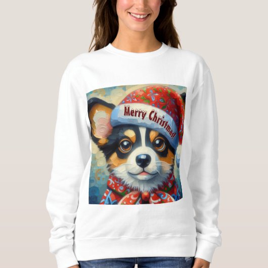 Kerst Corgi Hond Puppy w / Santa Hoed Trui (Voorkant)