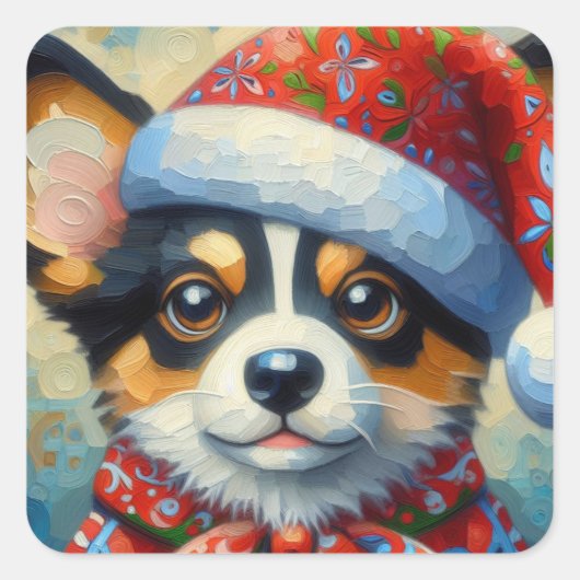 Kerst Corgi Hond Puppy w / Santa Hoed Vierkante Sticker (Voorkant)