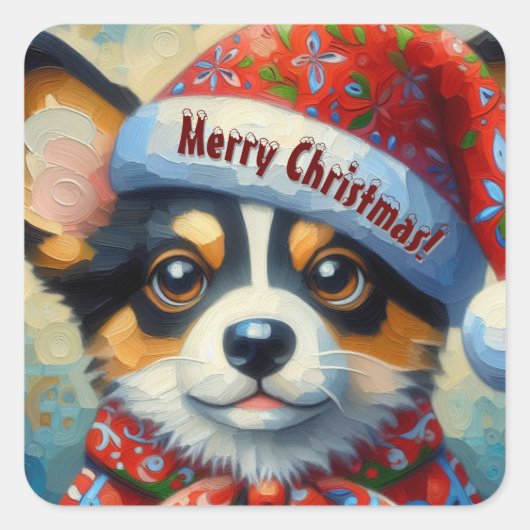 Kerst Corgi Hond Puppy w / Santa Hoed Vierkante Sticker (Voorkant)