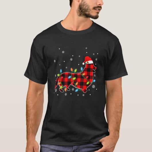 Kerst Corgi Hond Rood Geruit Kerstverlichting T-shirt (Voorkant)