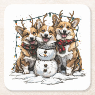 Kerst Corgi Honden Sneeuwman Kartonnen Onderzetters