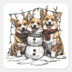 Kerst Corgi Honden Sneeuwman Vierkante Sticker