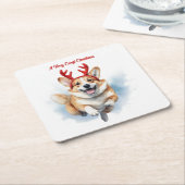 Kerst Corgi met rendiergewei springen Kartonnen Onderzetters (Schuin)