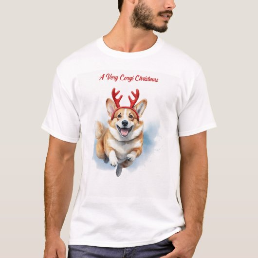 Kerst Corgi met rendiergewei springen T-shirt (Voorkant)