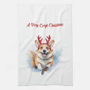 Kerst Corgi met rendiergewei springen Theedoek