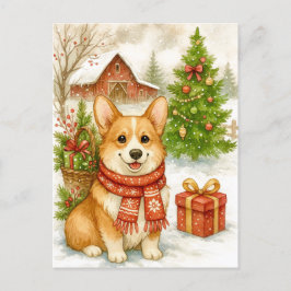 Kerst Corgi op de Boerderij Waterverf Ansichtkaart Feestdagenkaart