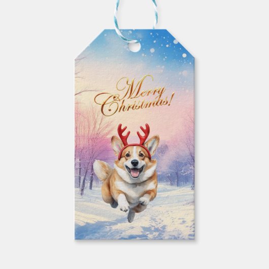 Kerst Corgi Rendiergewei springen in de sneeuw Cadeaulabel (Voorkant)