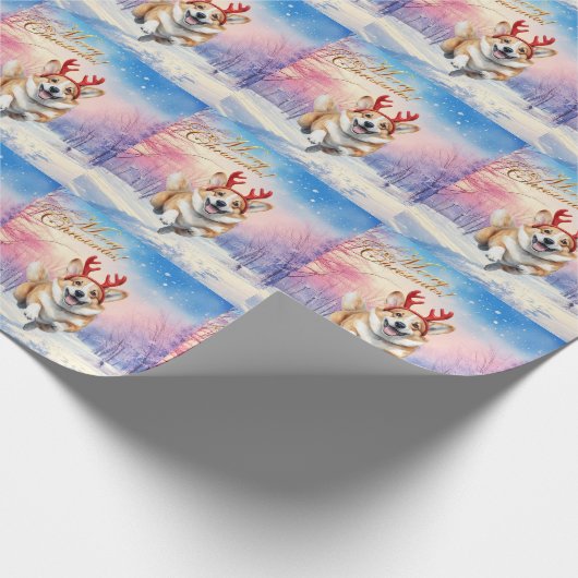 Kerst Corgi Rendiergewei springen in de sneeuw Cadeaupapier (Hoek)
