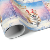 Kerst Corgi Rendiergewei springen in de sneeuw Cadeaupapier (Rol Hoek)