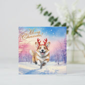 Kerst Corgi Rendiergewei springen in de sneeuw Feestdagenkaart (Staand voorkant)