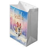 Kerst Corgi Rendiergewei springen in de sneeuw Medium Cadeauzakje (Voorkant Gekanteld)