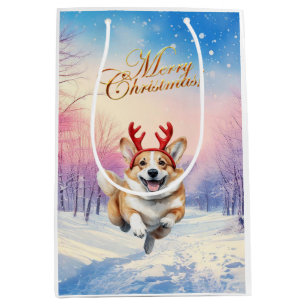 Kerst Corgi Rendiergewei springen in de sneeuw Medium Cadeauzakje