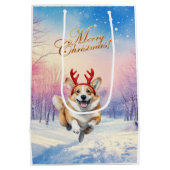 Kerst Corgi Rendiergewei springen in de sneeuw Medium Cadeauzakje (Achterkant)