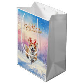 Kerst Corgi Rendiergewei springen in de sneeuw Medium Cadeauzakje (Achterkant Gekanteld)