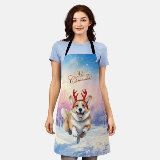 Kerst Corgi Rendiergewei springen in de sneeuw Schort (Gedragen)