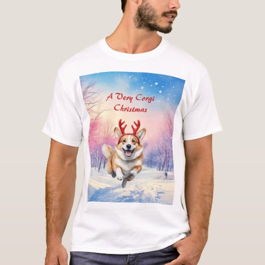 Kerst Corgi Rendiergewei springen in de sneeuw T-shirt (Voorkant)