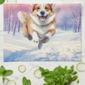 Kerst Corgi Rendiergewei springen in de sneeuw Theedoek (Gevouwen)