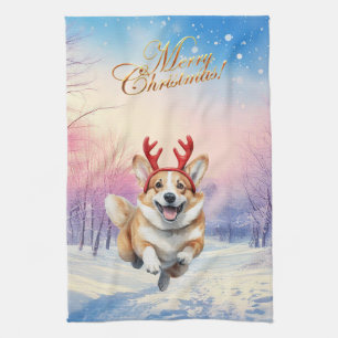 Kerst Corgi Rendiergewei springen in de sneeuw Theedoek
