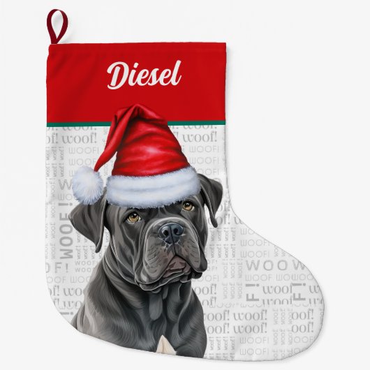 Kerst Corso Hond met Naam Woof Achtergrond Grote Kerstsok (Voorkant)