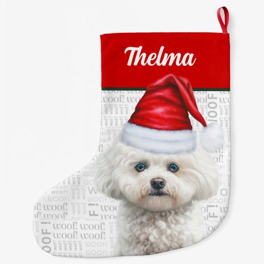 Kerst Coton de Tulear Naam Woof Achtergrond Grote Kerstsok (Achterkant)