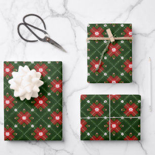 Kerst Cottagecore geruite met rode bloemenkruis  Inpakpapier Vel