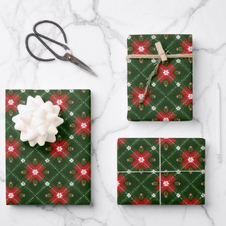 Kerst Cottagecore geruite met rode bloemenkruis Inpakpapier Vel