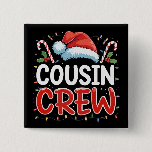 Kerst Cousin Crew Kerstman Hoed Vierkante Button 5,1 Cm (Voorkant)