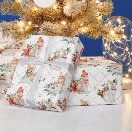 Kerst Cozy patroon met katten en bloemen Cadeaupapier (Feestdagen)