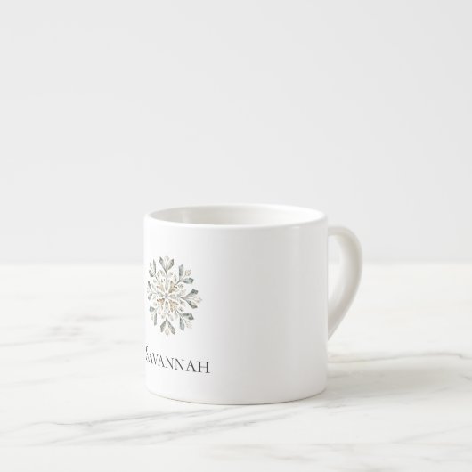 Kerst Cream Green Gold Snowflake Naam Espresso Kop (Voorkant rechts)