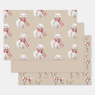 Kerst Cream Red White Peppermint Fox Deer Inpakpapier Vel