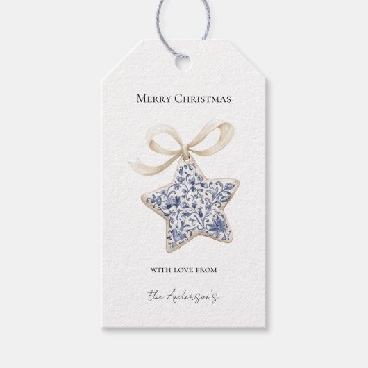 Kerst Crème Blauwe Ster Ornament Cadeaulabel (Voorkant)