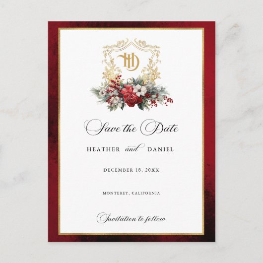 Kerst Crest Monogram Bruiloft Save the Date Aankondigingskaart (Voorkant)