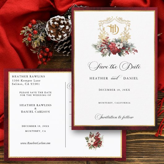 Kerst Crest Monogram Bruiloft Save the Date Aankondigingskaart