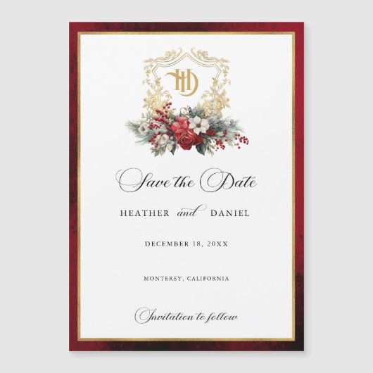 Kerst Crest Monogram Bruiloft Save the Date Magnetische Uitnodiging (Voorkant)