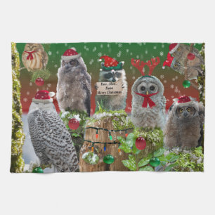 Kerst Critters Owls and Raccoon Theedoek