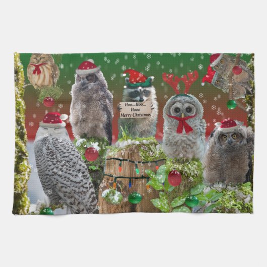 Kerst Critters Owls and Raccoon Theedoek (Horizontaal)