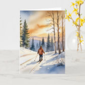 Kerst Cross Country Skier in de winter Bossen Kaart (Gele Bloem)