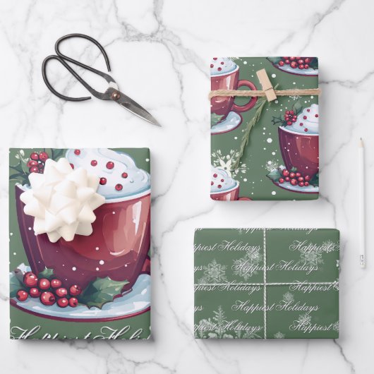 Kerst Cup Warme Chocolade | Groen Inpakpapier Vel (Voorkant)