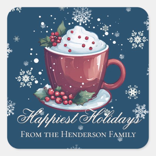 Kerst Cup Warme Chocolademelk | Blauw Vierkante Sticker (Voorkant)