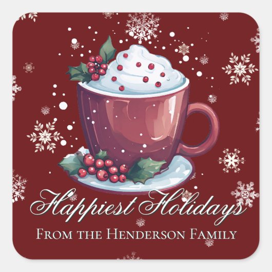 Kerst Cup Warme Chocolademelk | Rood Vierkante Sticker (Voorkant)