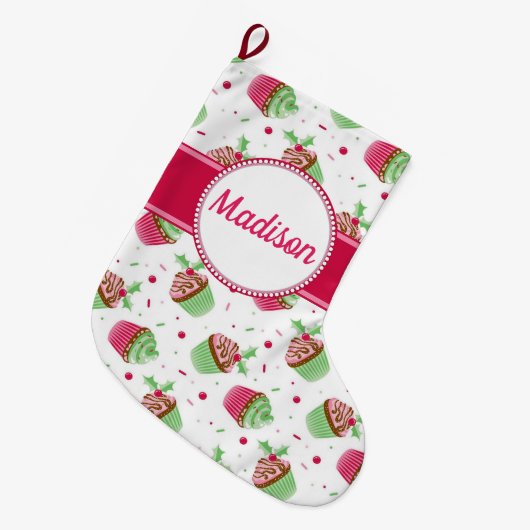 Kerst cupcake design in kerstkleuren grote kerstsok (Voorkant (Hangend))