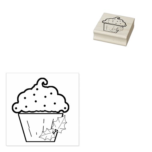 Kerst Cupcake met Holly Art Stamp Rubberstempel (Gestempeld)