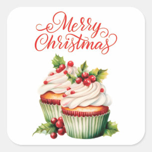 Kerst Cupcake met Hulstbes Vierkante Sticker