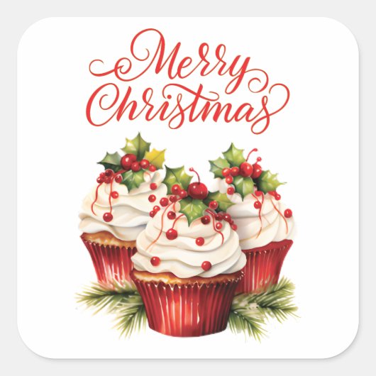 Kerst Cupcake met Hulstbessen Vierkante Sticker (Voorkant)
