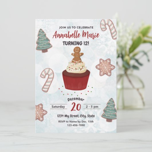 Kerst Cupcake Verjaardag Uitnodiging (Staand voorkant)